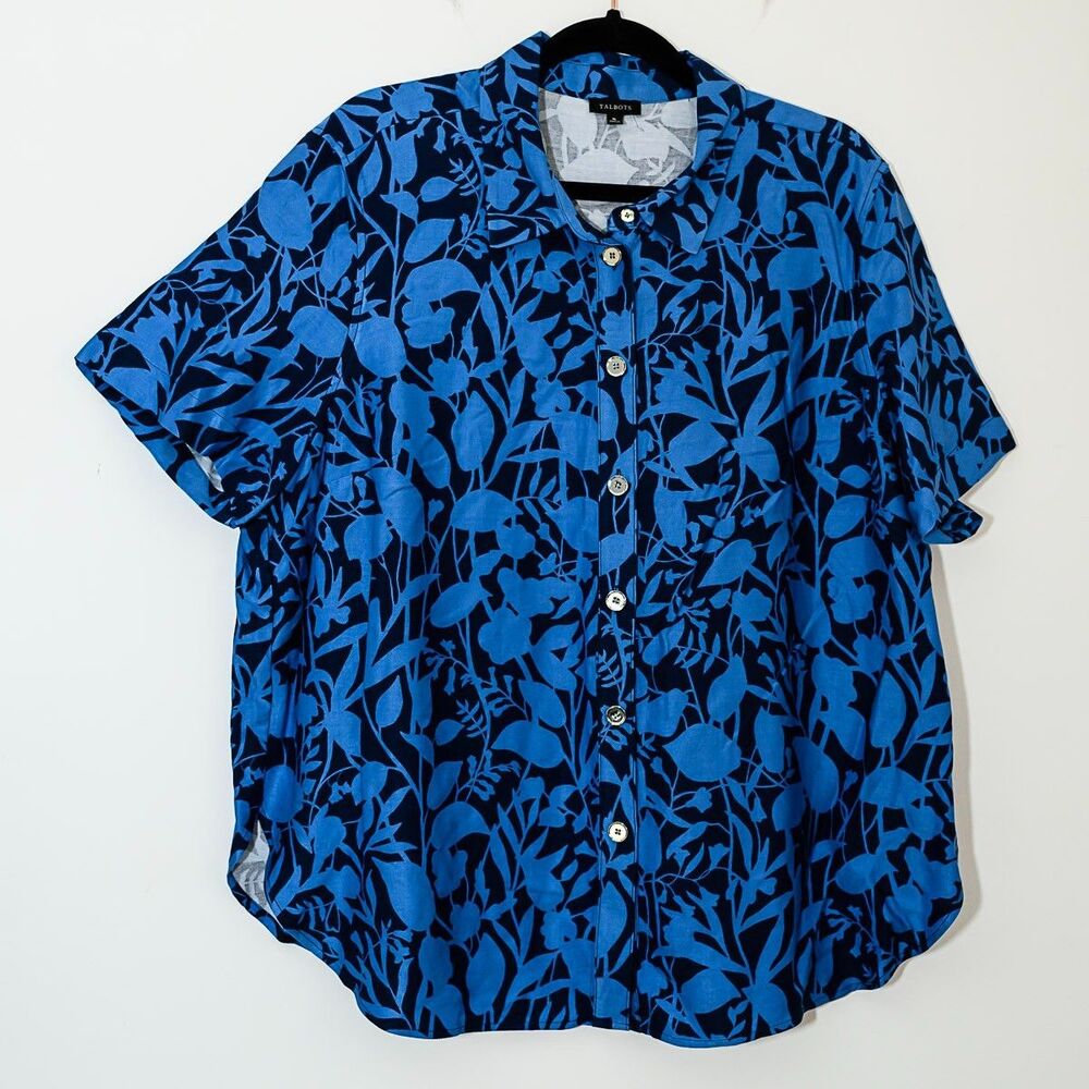 Talbots Button Down Shirt XL Blue Leaf Pattern‎ Short Sleeve